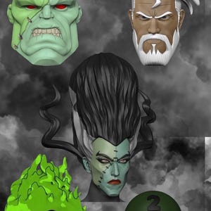 May include: A collection of stylized character heads, including Frankenstein's monster, a stern-faced man with white hair and beard, Bride of Frankenstein, a flaming skull, and a robot with a helmet. The color palette includes green, white, and gold.