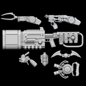 May include: A collection of futuristic, light gray weapon models, including a large rifle, a pistol, a claw-like tool, and other mechanical components. The designs feature intricate details and a sci-fi aesthetic, perfect for tabletop gaming or model enthusiasts.