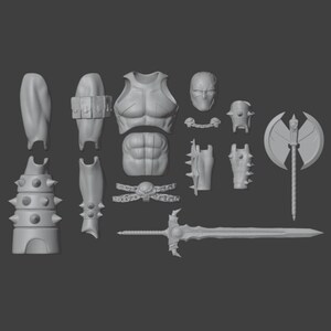 May include: A collection of gray 3D-printed fantasy armor and weapons. The set includes a chest piece, mask, pauldrons, belt, and a variety of weapons, such as a sword and an axe. The pieces are detailed and ready for assembly.