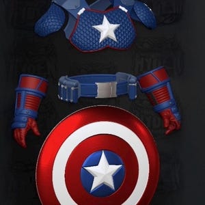 Pu&ograve; includere: Un set di costumi di Captain America, con uno scudo rosso e blu con una stella bianca, un corpetto blu a stelle bianche, guanti blu con dettagli rossi e una cintura blu. Il costume &egrave; esposto su uno sfondo scuro.
