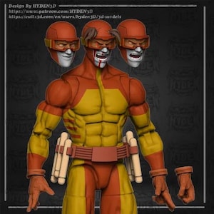 May include: A 3D-printed action figure of a superhero with a red and yellow costume. The figure has a muscular build, a helmet with a face mask, and a belt with cylindrical accessories. The figure's face has a stern expression.