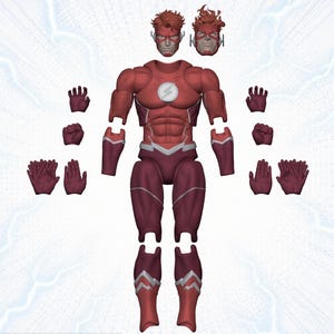 May include: A red and maroon articulated action figure featuring a lightning bolt chest emblem, two interchangeable heads with different facial expressions, and four pairs of swappable hands in various poses, including open palms and closed fists.