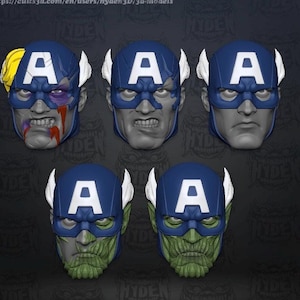 May include: A collection of Captain America head models in various states of disrepair. Each head features a blue helmet with a white "A" and white wings. Some models show battle damage, while others have a green, zombie-like appearance.