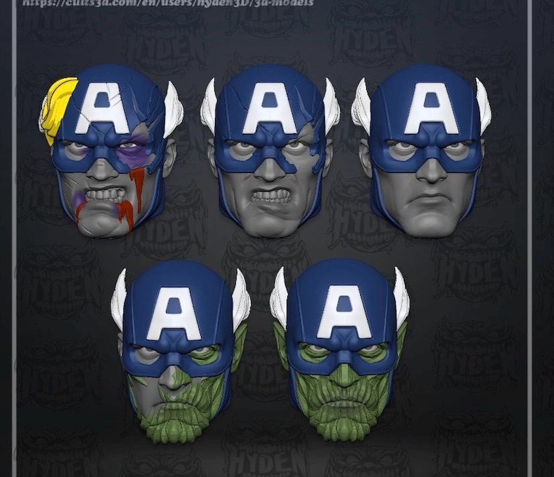 May include: A collection of Captain America head models in various states of disrepair. Each head features a blue helmet with a white "A" and white wings. Some models show battle damage, while others have a green, zombie-like appearance.