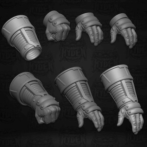 Pu&ograve; includere: Una collezione di armature per braccia e mani grigie in stile futuristico. I design presentano sezioni a coste, piastre arrotondate e modelli di mani dettagliati, suggerendo un tema fantascientifico o fantasy. Pezzi per cosplay o esposizione.