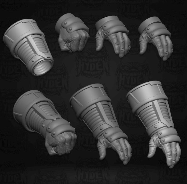 Pu&ograve; includere: Una collezione di armature per braccia e mani grigie in stile futuristico. I design presentano sezioni a coste, piastre arrotondate e modelli di mani dettagliati, suggerendo un tema fantascientifico o fantasy. Pezzi per cosplay o esposizione.