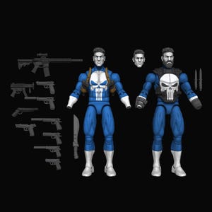 May include: Two action figures with blue and white suits featuring a skull emblem on the chest. One figure has a clean-shaven head, the other a bearded head. Accessories include a rifle, multiple handguns, a large knife, and two small knives.