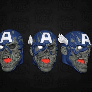 May include: Three Captain America zombie masks. Each mask features a blue helmet with a white "A" and tattered details. The faces are gray with exposed teeth and red mouths. White wings are on the sides of the helmets.