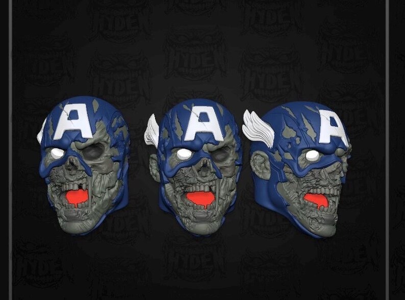 May include: Three Captain America zombie masks. Each mask features a blue helmet with a white "A" and tattered details. The faces are gray with exposed teeth and red mouths. White wings are on the sides of the helmets.