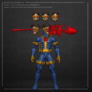 May include: A blue action figure of a superhero with a yellow and red emblem on the chest. The figure has a yellow visor and is shooting a red beam from its eye. Additional interchangeable heads are included.