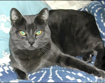 Smokey on a Blue Blanket - Russian Blue Cat Fine Art Print (Your Choice of Size or Design) by Jeanne A Martin (Everything Dear)
