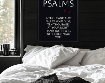 Salmo 91:7: opera d'arte cristiana, poster verticale religioso, versetto della Bibbia, merchandising cristiano