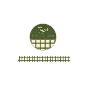May include: A roll of washi tape with a green and cream gingham pattern. The tape is displayed with a circular label that reads "Tape" and "Washi Tape | 10 Meters". The tape is a decorative craft supply.
