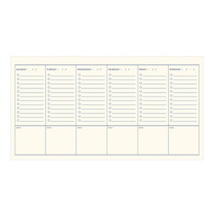 The weekly insert pages are 105gsm thick, smooth, off-white paper with separated sections for each day of the week and checklist-style lines under each day.