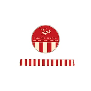May include: Red and cream striped washi tape roll with the word "Tape" in cursive. The roll is in a red circle with the text "Washi Tape | 10 meters". A strip of the tape is shown below the roll.