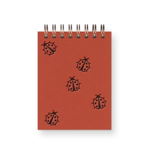 Peut inclure: Un petit bloc-notes à spirales avec une couverture de couleur terre cuite. La couverture présente un motif répété d'illustrations de coccinelles noires. La reliure spirale est de couleur dorée.