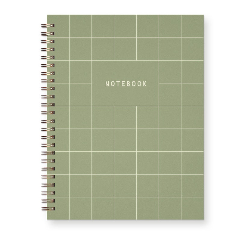 Light green spiral bound notebook with grid on cover and text that reads "notebook"