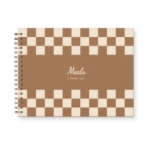 Spiral Bound Meal Planner and Market list with a brown checkerboard cover.