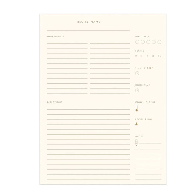 Interior recipe book page with lines to list recipe name, ingredients, and preparation instructions. Side bar has room for other notes about the recipe.