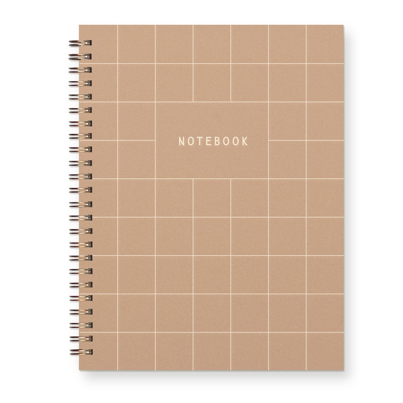 Light green spiral bound notebook with grid on cover and text that reads "notebook"