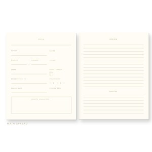 Peut inclure: Une double page de livre vierge avec une page de titre et une page de critique. La page de titre comporte des champs pour l'auteur, la note, le d&eacute;but, la fin, le format, le genre, recommand&eacute; par, la date de la critique et la date de publication. La page de critique comporte des champs pour la critique, les citations et les personnages pr&eacute;f&eacute;r&eacute;s.