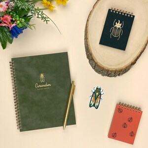 This photo features items from our Garden Collection including a ladybug jotter in red, a beetle jotter in black, a cicada sticker, and the curiosities journal in green.