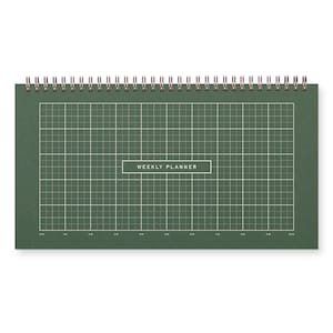 May include: A green weekly planner with a grid pattern and the words "WEEKLY PLANNER" in a white rectangle. The planner has a spiral binding with copper-colored coils.