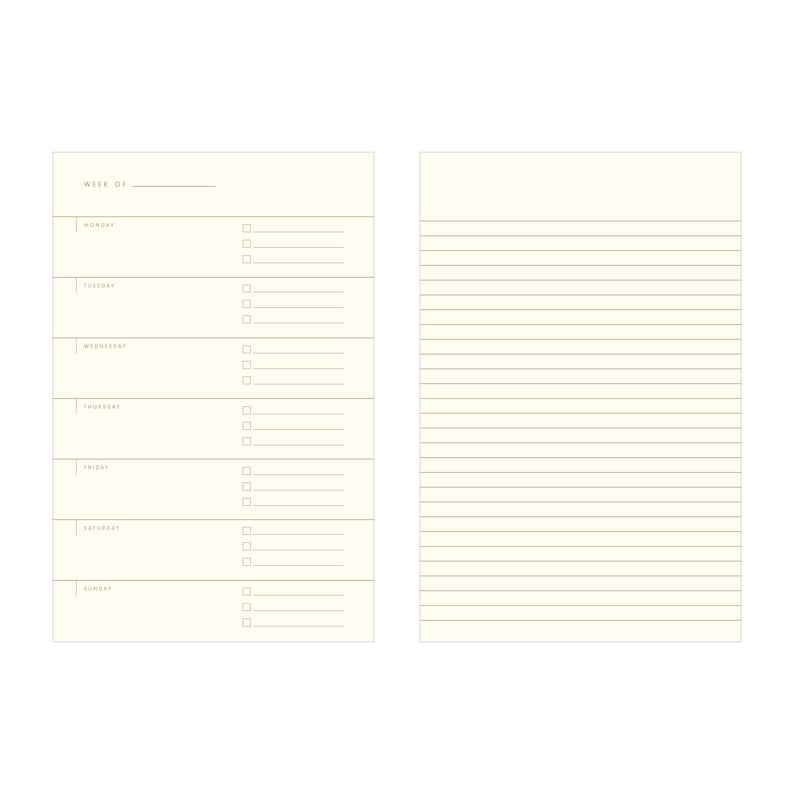 Small planner interior pages with daily spots for checklists and lined spaces for notes.