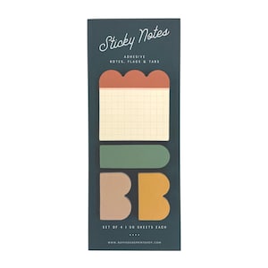 May include: A set of four adhesive sticky notes, flags, and tabs on a dark backing card. The top note is grid-lined with a scalloped edge. Below are a solid green rounded tab, a solid beige scalloped tab, and a solid yellow scalloped tab. Text reads Sticky Notes, Adhesive Notes, Flags & Tabs, Set of 4 | 50 Sheets Each, and www.ruffhouseprintshop.com.