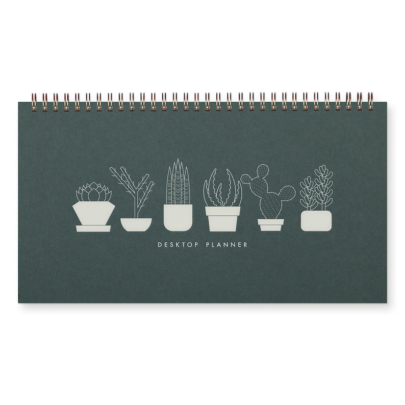 Horizontal Forest Green planner with top binding and white ink design. The design shows 6 succulents in a row with "Desktop Planner" text below.