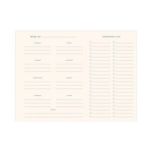 Interior weekly meal planning pages with lined sections for organizing meals for every day of the week. Right side of the page is devoted to a checklist shopping list.