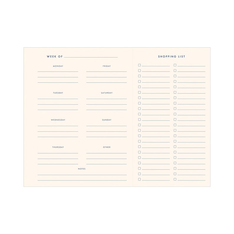 Interior weekly meal planning pages with lined sections for organizing meals for every day of the week. Right side of the page is devoted to a checklist shopping list.