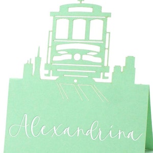 Tarjetas de lugar para bodas en el tranvía de San Francisco Tarjetas de lugar de destino Tarjetas de número de mesa con vista al horizonte Tarjeta de lugar para carrito Puente Golden Gate