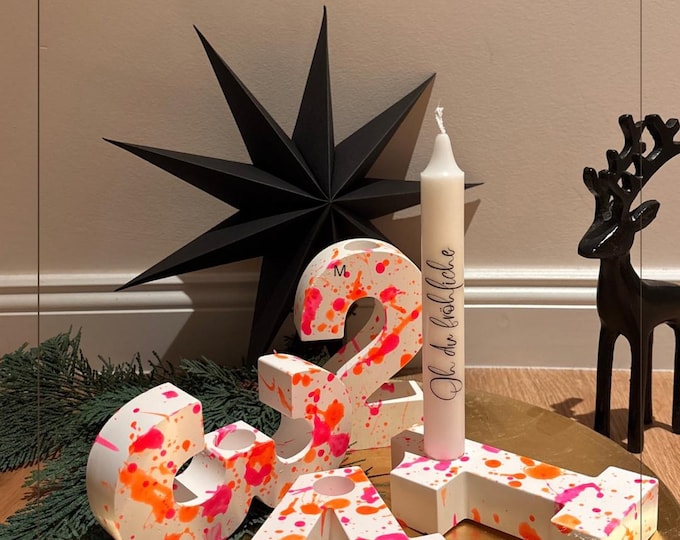 Advent candle holder made of resin, hand-cast, modern, limited edition, neon orange pink, minimalist Christmas decoration, number holder 1 to 4