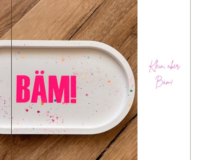 Decorative Tray "BAM!" | Handmade Tray with Neon Lettering & Color Splashes | Modern Design Tray Made of Cast Resin | Gift Idea with a Statement