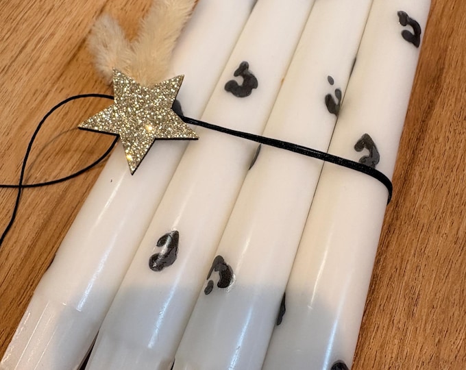 4 hand-decorated taper candles in a Leo design | Boho | Scandi decoration | Gift set with glitter star & dried flowers
