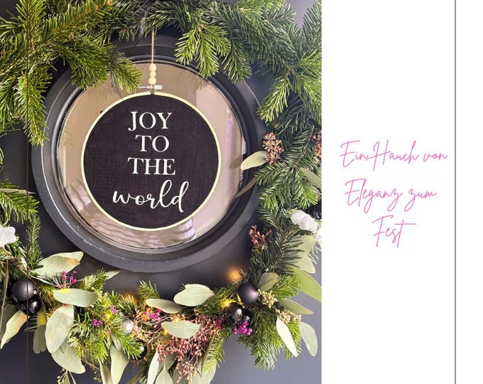 Joy to the World Wall/Door Hanger 20 cm | Black or Mint Green Pastel | Embroidery Hoop with Glitter White | Modern Christmas Decoration | Festive