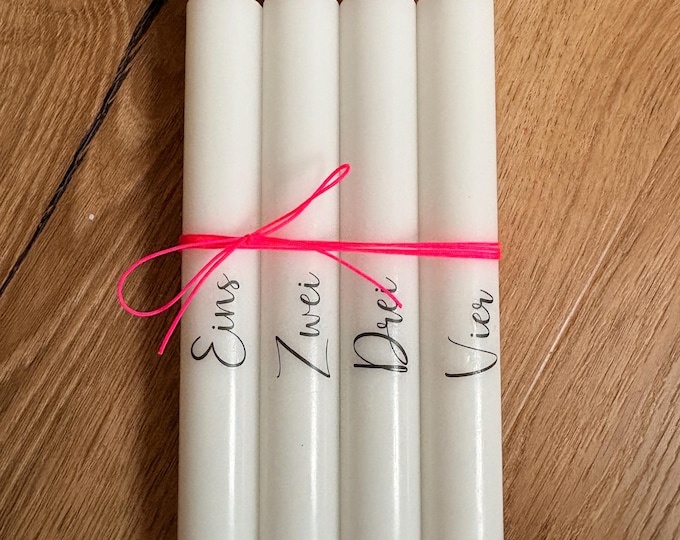 Minimalist Advent candles – white with black lettering & pink wick | Set of 1–4 | Simple Christmas decoration