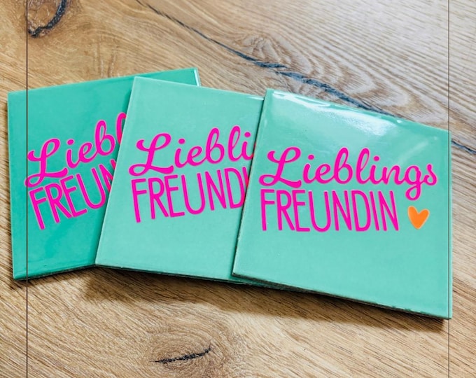 Coaster Favorite Girlfriend – Turquoise with Neon Pink & Orange Hearts – Funny Drink Coaster – Gift Idea for Best Friend