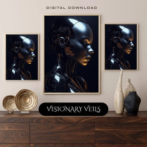 Futuristic Cyber Woman Portrait | High-Resolution AI Robot Art | Sci-Fi Printable Wall Art