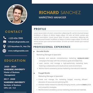 May include: A resume for Richard Sanchez, a Marketing Manager. The resume includes contact information, education, professional experience, and skills. The resume is formatted with a blue and gold color scheme.