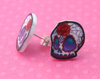 Skulls and Roses Dia de los Muertos Sugar Skull Post Earrings