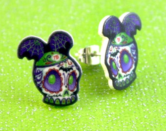 Bats Day at the Fun Park Dia de los Muertos Sugar Skull Post Earrings