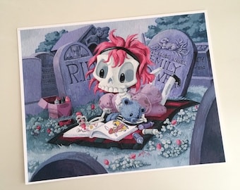 Wee Emily Dover - 8x10 inch Skeleton Girl Coloring in Graveyard Archival Digital Print