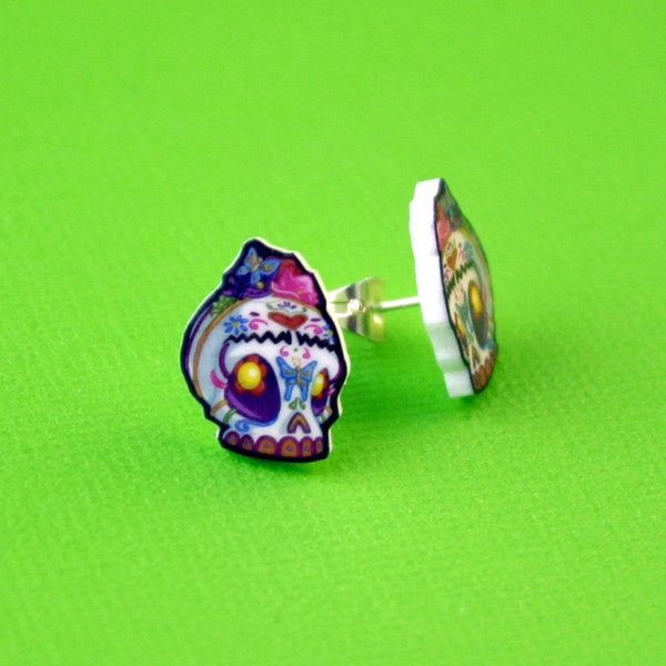 Frida Kahlo Inspired Dia de los Muertos Sugar Skull Post Earrings