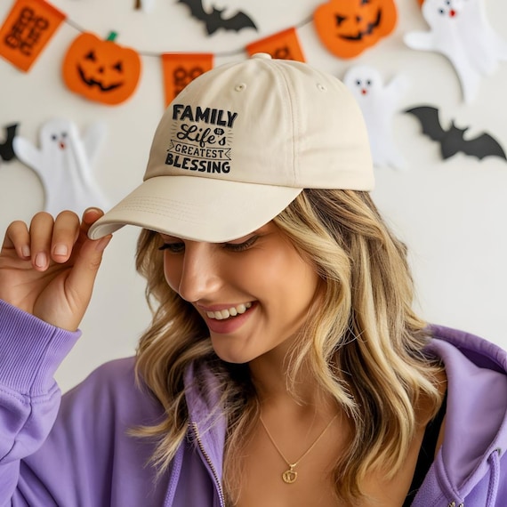 Distressed Cotton Twill Cap | Family Blessing Embroidered Hat | Unisex Adjustable Baseball Cap | Inspirational Gift