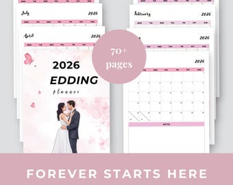 Op de afbeelding: Een 2026 trouwplanner met een roze en wit ontwerp. De planner bevat maandkalenders, een omslag met een knuffelend stel en de tekst "Forever Starts Here". Het heeft meer dan 70 pagina's.