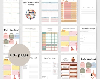 May include: A collection of fitness and self-care planners with various layouts. The planners include sections for workout routines, fitness tracking, and meal planning. The cover of one planner reads "Self Care & Fitness Planner". The image also includes the text "60+ pages".