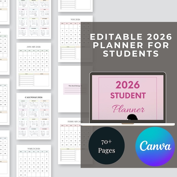 Editable 2026 Student Planner: Homework, Study Schedule (Digital Download PDF)