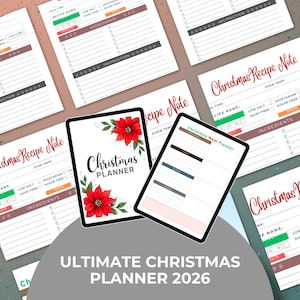 Peut inclure: Plusieurs planificateurs et notes de recettes sur le thème de Noël. L'image présente des tablettes numériques et des feuilles imprimées avec des modèles pour la planification des repas et l'organisation des recettes. Les planificateurs sont décorés de poinsettias rouges et du texte "Christmas Planner".